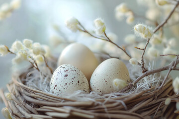 Obraz premium Blooming Willow Branches and Easter Painted Eggs in a Rustic Wicker Basket, Festive Spring Paschal Celebration, Generative AI