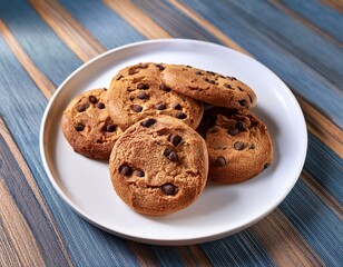 American traditional cookies with chocolate chips on a white plate on table. Generated image