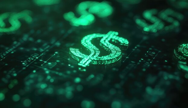 Glowing dollar sign on a digital circuit board