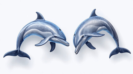 Obraz premium Beautiful grey bottlenose dolphins isolated on white background, collage, set of dolphins.