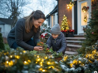 Festive Family Bonding: Cozy Christmas Gardening with Children in the Winter Snowscape