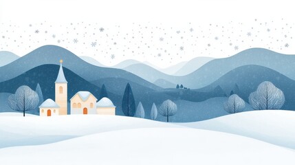 Serene Winter Village Landscape, Snow Covered Church and Houses in Snowy Hills, Christmas Season Illustration.
