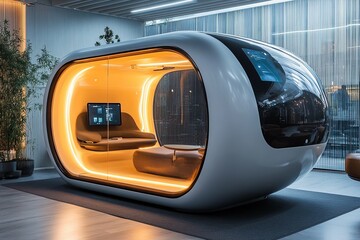 A Futuristic Relaxing Pod With Modern Lighting And Furnishings