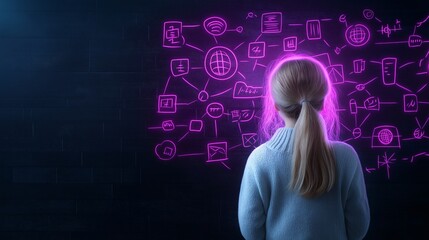 A girl stands in front of a blackboard illuminated with vibrant pink sketches representing technology and connectivity concepts.