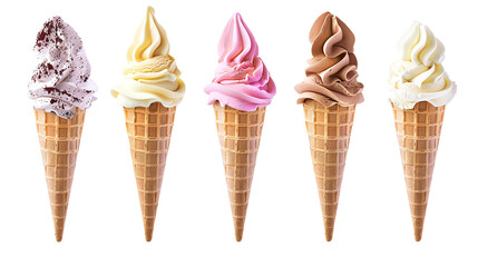 Set of soft served ice cream in a waffle cone with hearts with sprinkles. Set of chocolate, vanilla, pistachio, mint, strawberry, caramel, cherry ice-cream.	