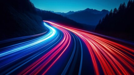 Abstract Highway with Car Light Trails Winding Through Mountain Landscape