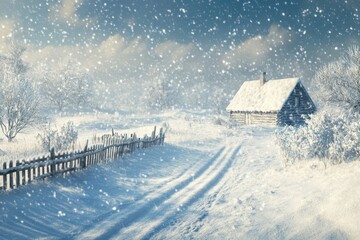 Snowfall blankets a serene winter landscape with a rustic cabin and white trees