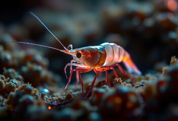 Close-up of a vibrant, translucent crustacean with reddish legs, navigating a textured seabed