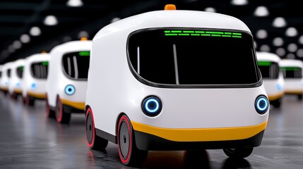 Line of White Autonomous Vehicles on Dark Reflective Floor