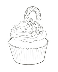 Cupcake line art with swirled frosting, candy cane, and sprinkles—perfect for Christmas, winter treats, and festive holiday dessert themes.