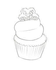 Cupcake line art with smooth swirled frosting, topped with a decorative snowflake—perfect for winter, holiday, or seasonal dessert designs.