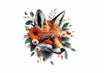 Obraz premium Fox adorned with flowers and leaves creates a unique natural artwork reflecting harmony between wildlife and nature Generative AI