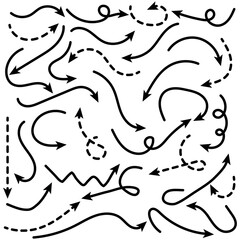 Set of simple lines hand drawn black arrows in various style. Set of simple of hand drawn dotted black arrows. Set of simple lines hand drawn black arrows. Various of simple lines arrows collection.