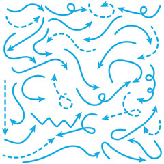 Set of simple lines hand drawn blue arrows in various style. Set of simple of hand drawn blue arrows. Set of simple lines hand drawn dotted blue arrows. Various of simple lines arrows collection.