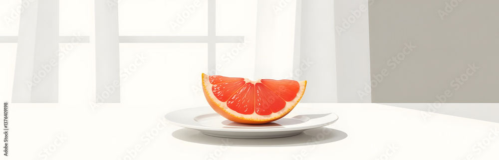 Poster A Slice Of Grapefruit Sits Alone On A Clean White Plate In A Quiet Dining Room Atmosp