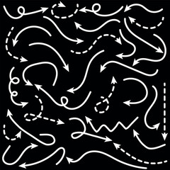  Hand drawn thin line arrows set. Arrow icon. Doodle arrow. Collection different arrows sign. Many vector curvy and wavy arrows. White hand drawn doodle arrow set .