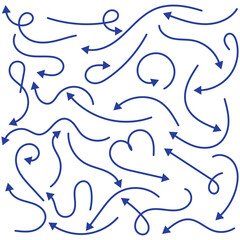 : Blue hand-drawn vector arrow set. Arrow crayon brush doodle chalk line stroke. Sketch pencil texture line scribble arrow icon pn a white background