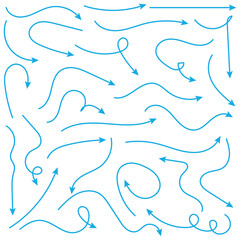 Set of simple lines hand drawn blue arrows in various style. Set of simple of hand drawn blue arrows. Set of simple lines hand drawn blue arrows. Various of simple lines arrows collection.