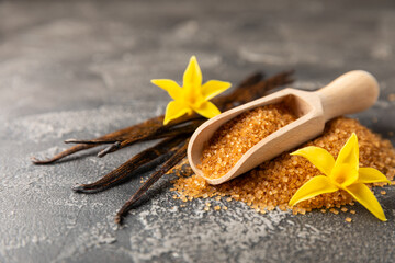 Aromatic vanilla sugar. Vanilla pods. Vanilla sticks, brown and white sugar in a bowl on a textured background. Vanilla flowers, spices and herbs for desserts and baking. Space for text. Copy space