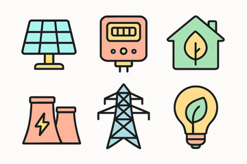 Set of six flat clipart icons on energy theme, solar panel, power plant and eco house, in soft pastel colors with black outlines on white background.