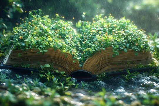 Open book, lush greenery sprouting from pages, rain