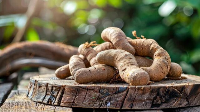 tamarind fruits on a wooden table. Selective focus