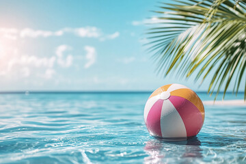 Travel and Summer Holiday Banner with copy space for text or logo. Colorful beach ball floating in swimming pool.