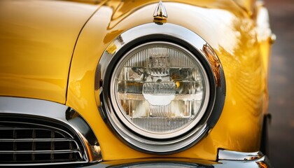 Closeup of classic yellow car headlight with chrome accents. Vintage auto detail. Generated image