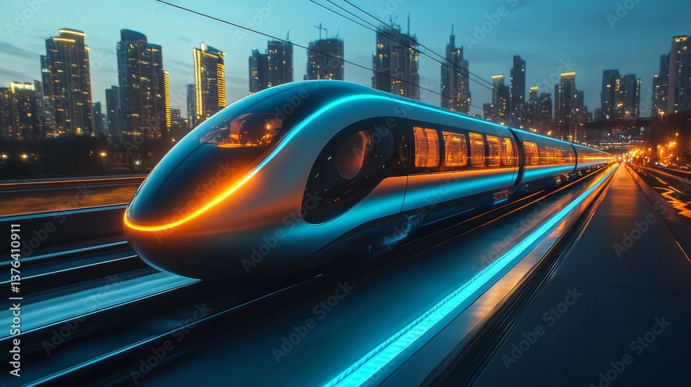 Poster a sleek autonomous train showcases innovative logistics technology as it travels through a vibrant c