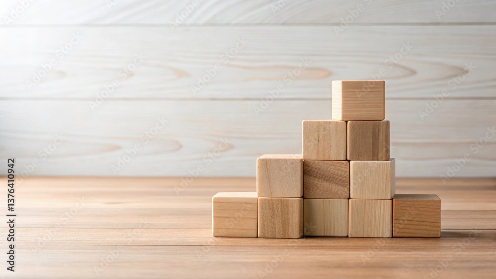 Poster Wooden blocks arranged in ascending order on a table against a wood background