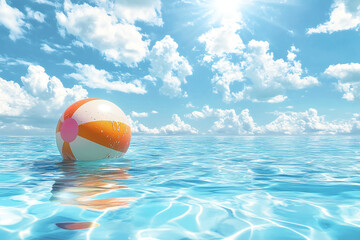 Colorful inflatable pool ball floating in turquoise water, tropical resort background. Travel and Summer Holiday Banner with copy space for text or logo