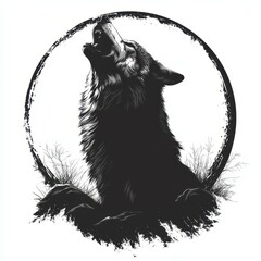 Wolf howling against a full moon in a nighttime forest setting with grass and rocks below