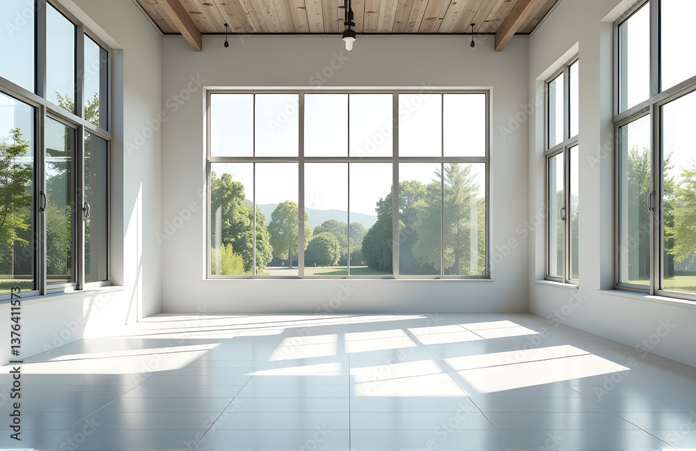 Aufkleber a vacant space with large windows allows a vast amount of natural light to illuminate the area freel
