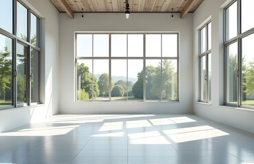 Fototapeta premium A Vacant Space With Large Windows Allows A Vast Amount Of Natural Light To Illuminate The Area Freely Out