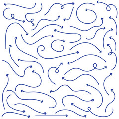 : Blue hand-drawn vector arrow set. Arrow crayon brush doodle chalk line stroke. Sketch pencil texture line scribble arrow icon pn a white background