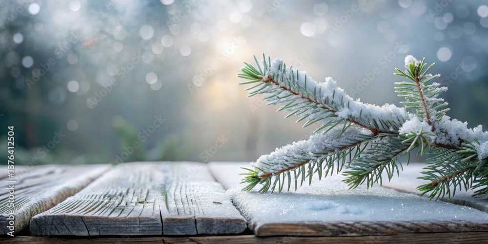 Poster winter wonderland scene snow-dusted evergreen branch rests on rustic wooden surface, soft-focus back