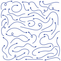 Set of blue hand-drawn arrow signs or symbols. Blue hand drawn arrow doodles. Blue hand drawn arrow elements. Blue Arrow design