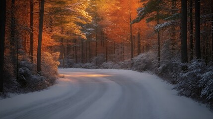 Obraz premium Snowy Forest Road Sunset Winter Landscape