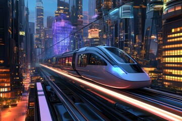 Fototapeta premium Futuristic train traveling through a neon-lit cityscape at dusk