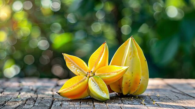 cool cocktail with carambola on the table. Selective focus
