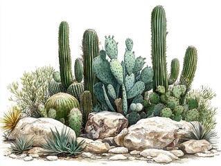 Cacti growth and diversity desert landscape digital illustration natural environment artistic viewpoint