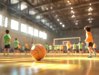 A pastel-colored volleyball on a polished gym floor, with mixed children in green and orange jerseys casually practicing drills in a softly lit indoor sports hall. 