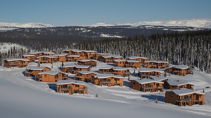 Houses in Snow. Resort chalets, winter mountain background. Used in real estate or vacation promotion