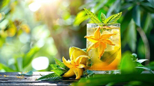 cool cocktail with carambola on the table. Selective focus