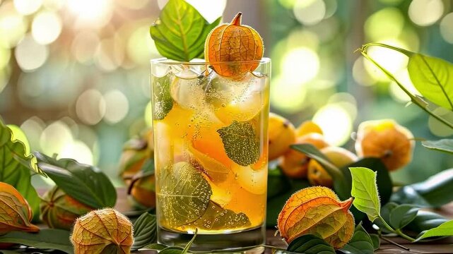 cool cocktail with physalis on the table. Selective focus