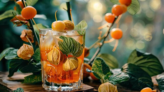 cool cocktail with physalis on the table. Selective focus