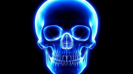 Human skull illuminated with blue light against a black background for medical use