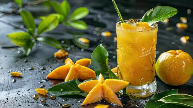 cool cocktail with carambola on the table. Selective focus
