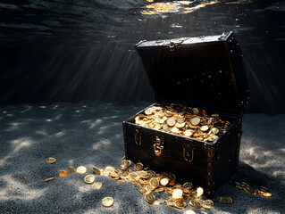 Underwater Treasure Chest Filled with Golden Coins