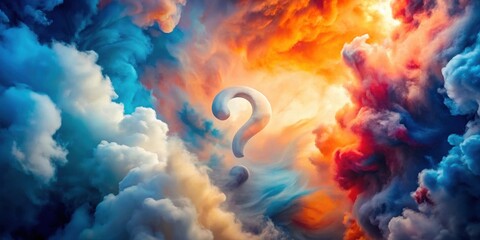 Fototapeta premium A Celestial Enigma A Three-Dimensional Question Mark Floats Amidst Vibrant, Swirling Clouds of Blue, Orange, and Red Hues